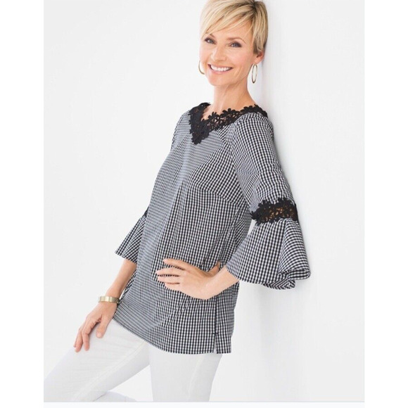 Chico's Tunic Women's Size 0 (XS/4) Black Gingham 3/4 Bell Sleeve Lace Applique - Picture 7 of 12